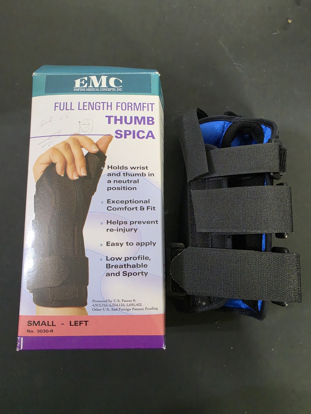 Full Length Formfit Thumb Spica Wrist Brace - Black/Blue, Small Left